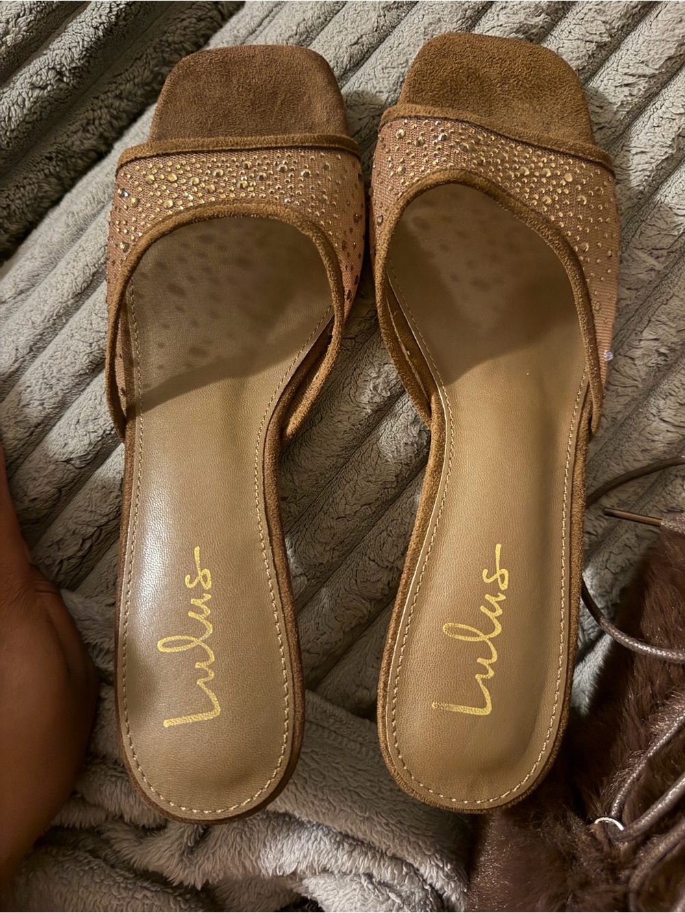Lulu's Brown Suede Slide Mules with Rhinestone Strap